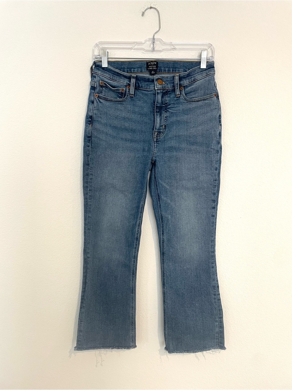 J. Crew Mid Rise Flare Crop with Raw-Hem Medium Blue Jeans